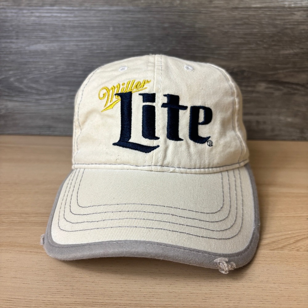 Miller Lite Hat Cap Strap Back Off White Beer Distressed Logo Adjustable